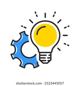 Bombilla con icono de rueda dentada. Creativo, conocimiento, estudio, idea creativa, delgada línea de Ilustración vectorial.