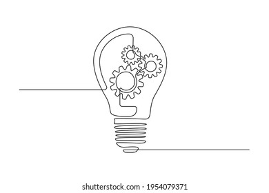 Lightbulb with gear wheels in One single Line drawing for logo, emblem, web banner, presentation. Simple creative innovation concept. Vector illustration