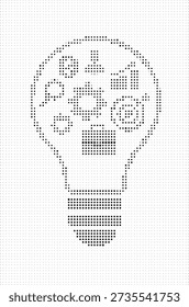 Lightbulb with gears black dot illustration, Creative thinking innovation dot art