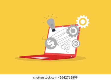 Lightbulb, gears, and money out from laptop. Business trend analysis and choosing business direction