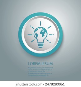 Lightbulb globe concept blue icon, world eco innovation creative idea, green energy on earth planet, global solution with electricity, logo unique,  simple web symbol on white background
