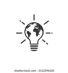 Lightbulb Globe Concept Icon, World Eco Innovation Creative Idea, Green Energy On Earth Planet, Global Solution With Electricity, Logo Unique,  Simple Web Symbol On White Background