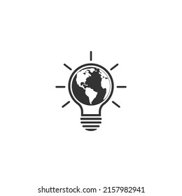 Icono de concepto de globo Lightbulb, idea creativa de la innovación ecológica mundial, energía verde en el planeta, solución global con electricidad, logotipo único, símbolo web simple sobre fondo blanco, signo plano