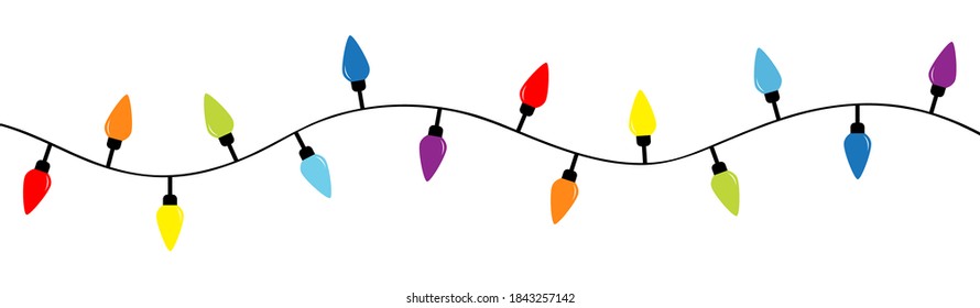 Lightbulb glowing garland. Christmas lights. Colorful string fairy light set. Cone shape. Holiday festive xmas decoration. Rainbow color. Flat design. White background. Isolated. Vector illustration
