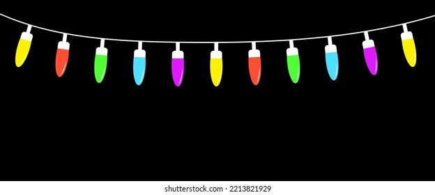 Lightbulb glowing garland. Christmas lights. Three colorful string fairy light set. Cartoon holiday festive xmas decoration. Cone shape. Rainbow color. Flat design. Black background. Vector