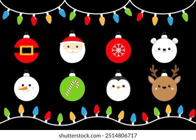 Lightbulb glowing garland. Christmas lights set. Christmas ball set. Cute Santa Claus belt, bear, snowman, deer face, snowflake candy cane, penguin. Happy New Year. Flat design Black background Vector