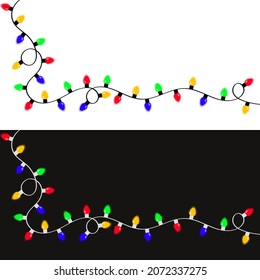 Lightbulb glowing garland line. Christmas lights set. Decoration corner. Colorful string fairy light. Cartoon holiday festive xmas decor. Rainbow color. Flat design. White Black background. Vector
