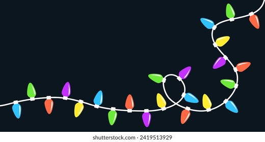 Glühbirnen leuchtende Gartenlinie. Weihnachtsleuchten. Farbige Streichmärchenecke. Cartoon Feiertage festliche Weihnachtsdekoration. Regenbogenfarbe. Flaches Design. Schwarzer Hintergrund. Einzeln. Vektorgrafik