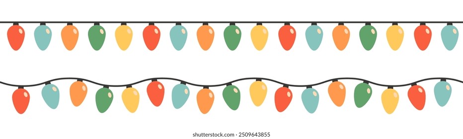 Línea de guirnalda brillante de bombilla. Navidades luces puestas. Cadena colorida de luz de hadas. Decoración de Navidad festiva de vacaciones de dibujos animados. Color del arco iris. Diseño plano simple. El fondo blanco. Aislado. Vector