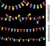 Lightbulb glowing garland line set. Christmas lights. Colorful string fairy light. Different shape. Cartoon holiday festive xmas decoration. Rainbow color Flat design. Isolated Black background Vector