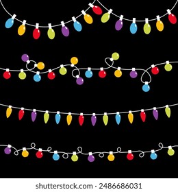 Glühbirne leuchtende Girlande Linie Set. Weihnachtsmusiken leuchten. Bunte Saite Fee Licht. Andere Form. Cartoon Feiertag Weihnachten Dekoration. Regenbogenfarbe Flaches Design. Isolierte schwarze Hintergrund-Vektorgrafik