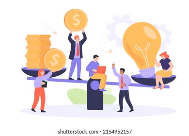 Lightbulb and gold coins on scale flat vector illustration. Tiny employee, men and women comparing creative ideas or innovation and finance. Profit, economy, assessment, comparison concept