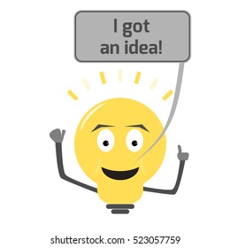 Lightbulb got an idea. Clever lightbulb character with smile and a speech bubble with text. Isolated vector.