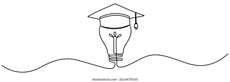 Lightbulb with graduation cap continuous line drawing. Creative smart idea concept. Vector illustration isolated on white.