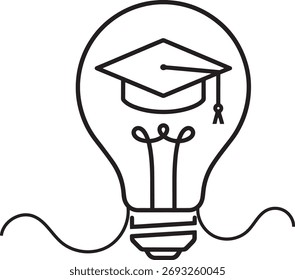 Lâmpada com tampa de graduação,
Desenho de Linha Contínuo Simbolizando Educação