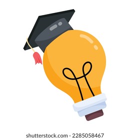 Lightbulb with graduation hat, education innovation flat sticker 