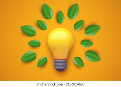 Lightbulb with green leafs isolated on orange background. 3d realistic vector illustration in minimal modern cartoon style. Creative glossy plastic concept design. Decorative ecology composition.