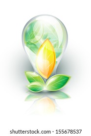 Lightbulb with green leaves inside and one orange leaf, EPS 10, isolated