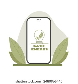 Lightbulb with green leaves inside in phone screen. Sustainable eco energy icon. Save energy concept