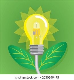 Lightbulb with green leaves. Vector illustration. Composition square.