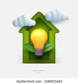 Lightbulb in green papercut house isolated on white background. 3d realistic vector illustration in minimal modern cartoon style. Creative glossy plastic concept design. Decorative eco composition.