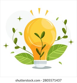 Lightbulb with growing leaves in graphic style on white background, concept of ecology and green energy. Vector illustration