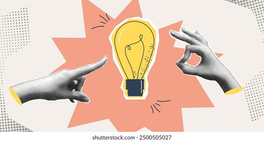 Diseño de semitono de bombilla. Mano y lámpara para concepto de idea. Diseño de moda del collage del semitono con la mano. Ilustración vectorial