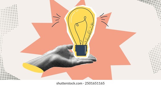 Lightbulb halftone design. Hand and lamp for idea concept. Halftone collage trendy design with hand. Vector illustration