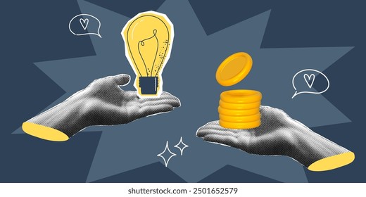 Lightbulb halftone design. Hand and lamp for idea concept. Halftone collage trendy design with hand. Vector illustration