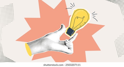 Lightbulb halftone design. Hand and lamp for idea concept. Halftone collage trendy design with hand. Vector illustration