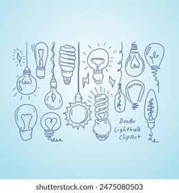 Vector del elemento set del icono dibujado a mano de la bombilla