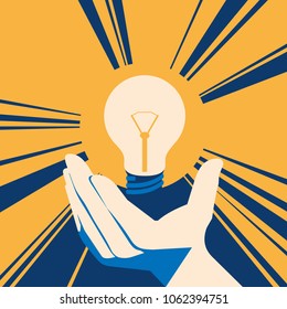 Lightbulb in hand with glow. lamp Flat Vector illustration.