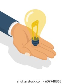 Lightbulb in hand isometric design. Business idea concept, solution innovative technology. Creative idea icon, yellow light. Vector flat style. Electric lamp in hand. Invention, eureka.