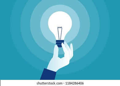 Light-bulb in hand modern white blue design. Business idea concept, solution innovative technology. Creative idea icon,white light. Electric lamp in hand. Invention, eureka. Eps 10 Vector flat style. 