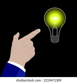 bombilla con una mano apuntando. nuevo concepto de estrategia empresarial de ideas creativas. 