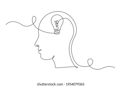 Lightbulb in head in One single Line drawing for logo, emblem, web banner, presentation. Simple creative idea and imagine concept. Vector illustration