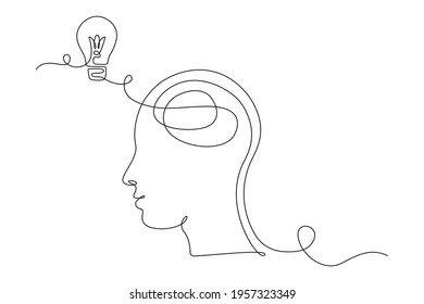 Lightbulb in head in One single Line drawing for logo, emblem, web banner, presentation. Simple lineart concept of idea and imagine. Vector illustration