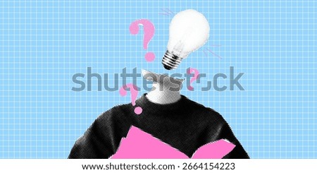 Lightbulb head with question marks pop art halftone collage