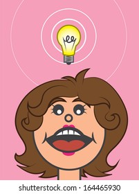 Lightbulb hovering above head woman cartoon 