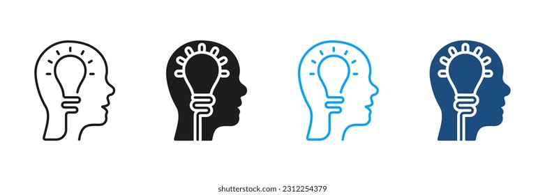 Lightbulb in Human Head Silhouette and Line Icons Set. Intellectual Process Black and Color Symbol Collection. Creative Thinking Pictogram. Innovation Science Idea Sign. Isolated Vector Illustration.