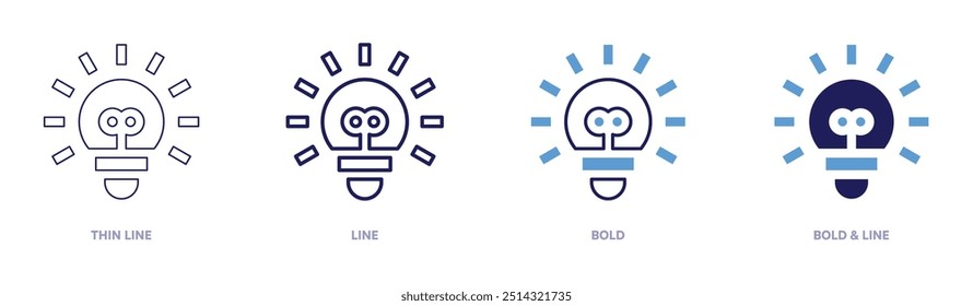 Ícone de lâmpada em 4 estilos diferentes. Linha fina, Linha, Negrito e Linha Negrito. Estilo duotônico. Traçado editável.