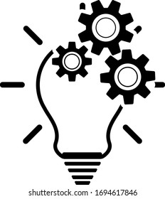 Lightbulb icon with cogs, gears in a flat vector design in black color. Idea invention inovation