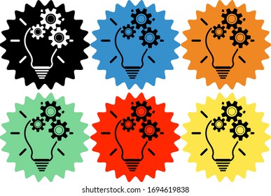 Lightbulb Icon With Cogs Set, Gears In A Flat Vector Design. Idea Invention Inovation. Different Collors Set