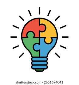 A lightbulb icon composed of four colorful puzzle pieces red orange green and blue radiating light rays simple flat style