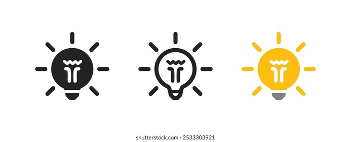 Ícone de lâmpada design plano no fundo da luz. Símbolo de ideia de luz de lâmpada elétrica. Inovação, solução, pensamento criativo, esboço de eletricidade e ilustração de vetor de estilo colorido.