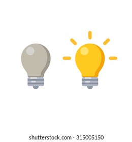 Lightbulb icon, lit and off, symbol of new ideas and lack of creativity. Vector illustration in minimalistic flat style.