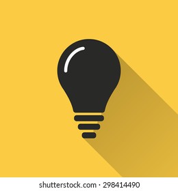 Lightbulb  icon with a long shadow on a yellow background. Vector illustration.