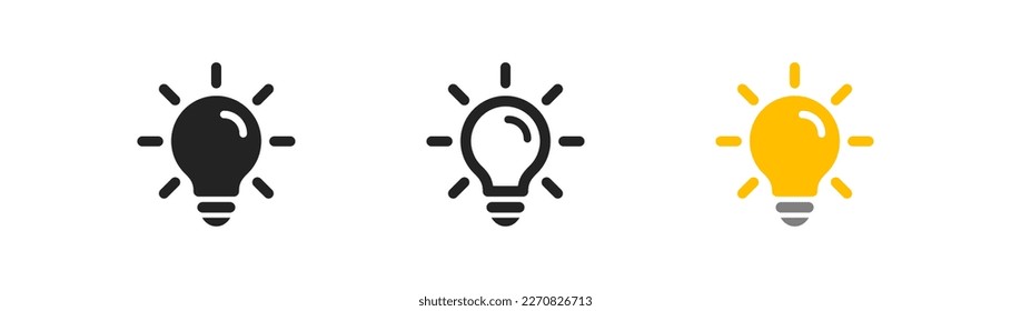 Lightbulb icon on light background. Idea symbol. Electric lamp, light, innovation, solution, creative thinking, electricity. Outline, flat and colored style. Flat design. 