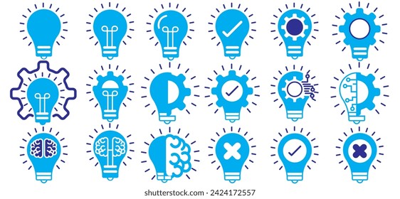 Lightbulb icon on light background. Idea symbol. Electric lamp, light, innovation, solution, creative thinking, electricity. Outline, flat and colored style. Flat design, icon set, collection of idea 