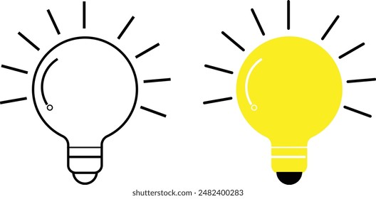 Lightbulb icon on light background. Idea symbol. Electric lamp, light, innovation, solution, creative thinking, electricity. Outline, flat and colored style. Flat design.